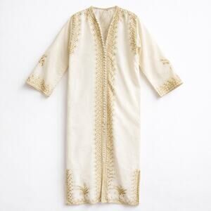 Vintage Handmade Boho Cotton Maxi Caftan Gold Soutache Embroidery Ivory OS